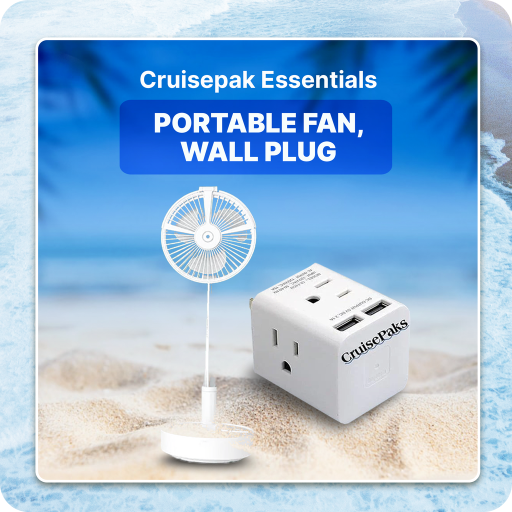 Cruise Essentials Portable Fan, wall plug Bundle
