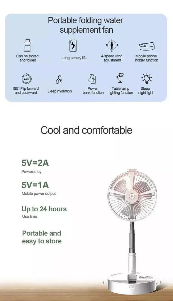 Folding Hydrating Travel Fan | Rechargeable Battery | Built in Humidifier | 185 Degree Oscillation | Remote